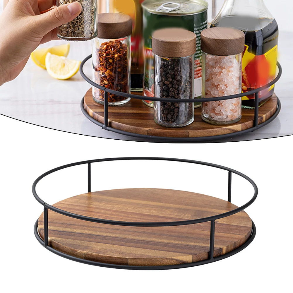 

Wooden Seasoning Bottle Turntable Storage Bin Rotating Tray Spice Rack Round Table Countertop Storage Kitchen Organizer