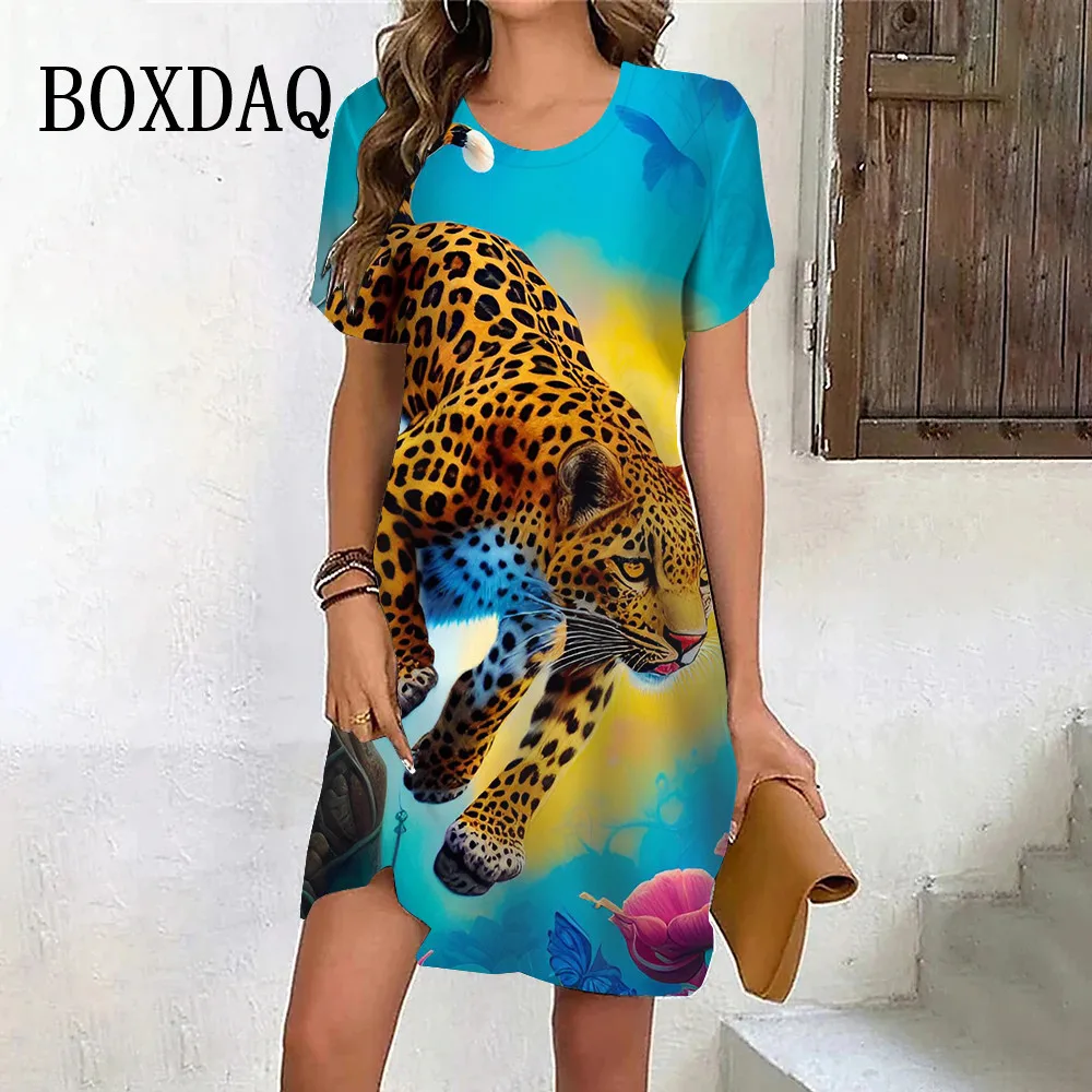 Tiger Graphic Dresses For Women Casual 3D Print Vintage Dress Female Fashion Short Sleeve Plus Size Dress 2024 Summer Clothes