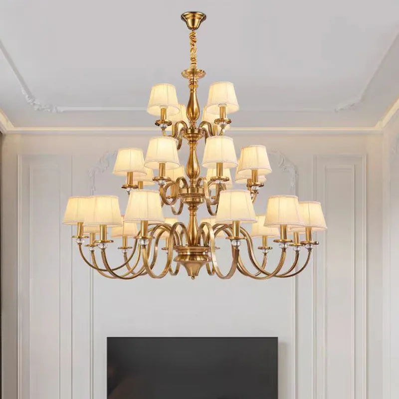 

American imitation copper dining room chandelier double layer retro atmosphere living room bedroom European fabric hotel