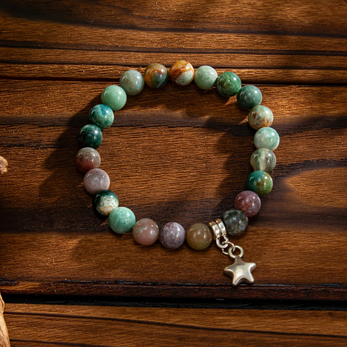 

KunJoe Vintage Smooth Natural Stone Bead Chain Bracelet for Women Ethnic Style Star Pendant Elastic Bracelet Lady Hand Jewelry