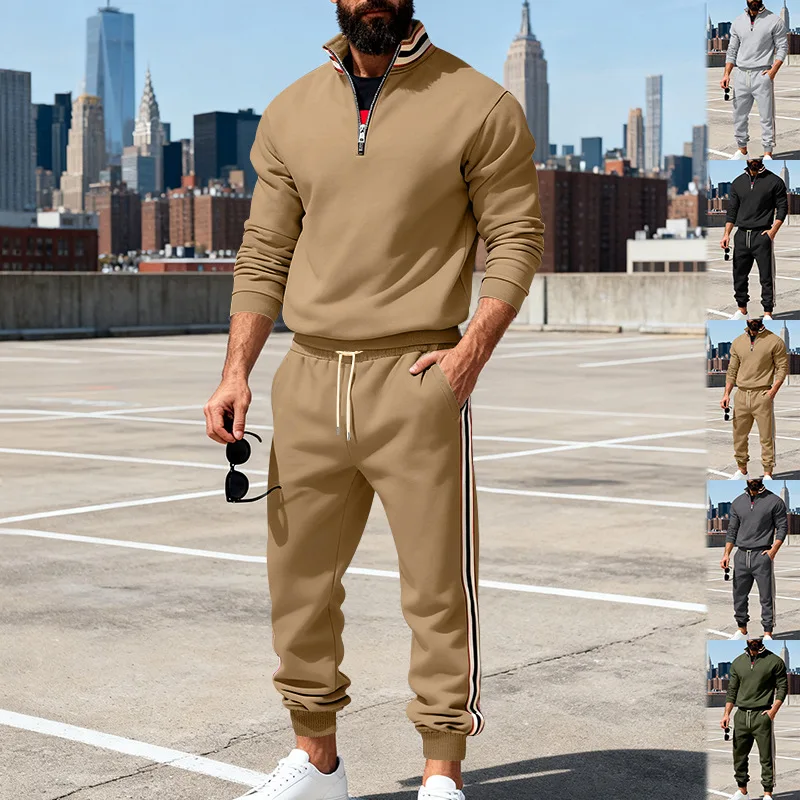 Autumn And Winter Men's Sports Contrasting Color Webbing Stand-up Neck Sweater Suit Men view 2
