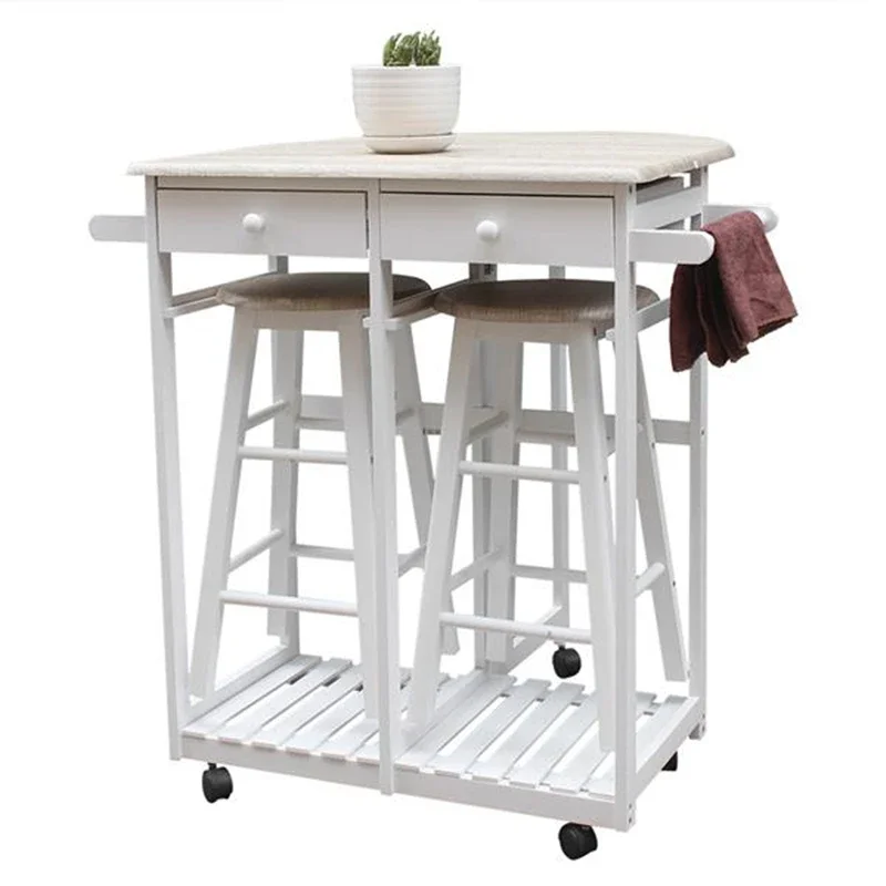 Dining room kitchen modern foldable wooden handle semicircle dining cart with round stool white