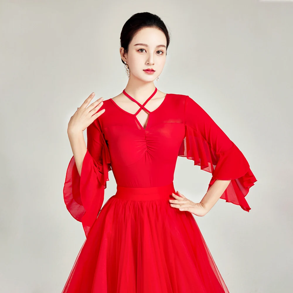 Elegant Women Ballroom Dance Bodysuit Chiffon Flare 3/4 Sleeve Waltz Tango Salsa Rumba Latin Dance Practice Top Dancewear
