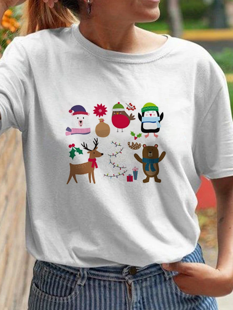 Print Trend Merry Christmas Women Top Snowman Print Women Gift New Year Print Short Sleeve Vacation Merry Christmas Woman