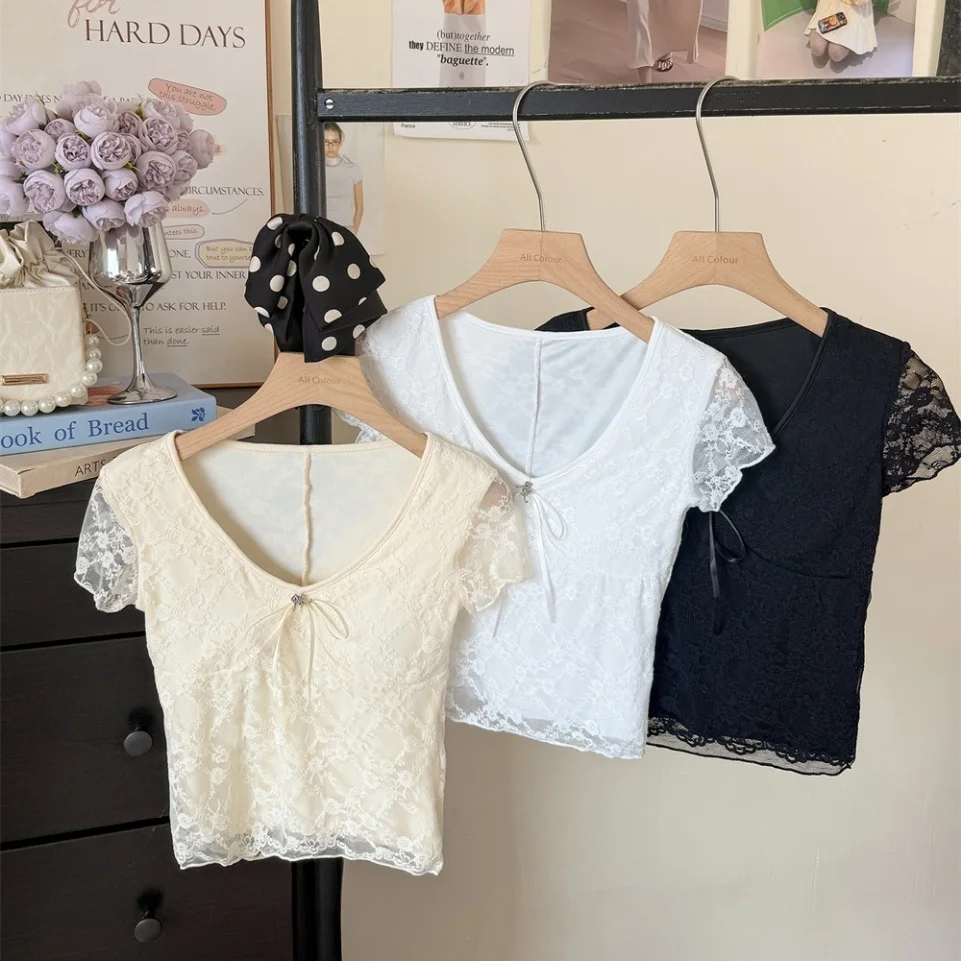 Summer New Sexy V-neck Lace Splice  Knot Short Sleeve T-shirt Women Slimming Fixed Belt Chest Pad Top Sexy Style Nyl...
