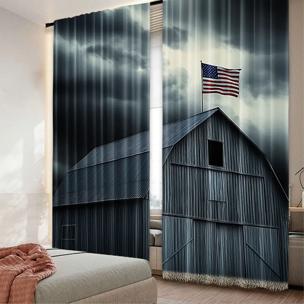 2Pcs American Flag Curtain American Flag In Hayloft Window Wooden Old House Dark Evening View For Bedroom Living Room And Dining