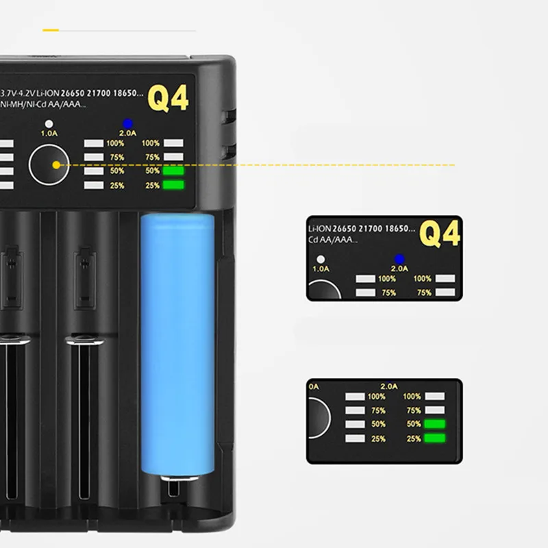 Q4 retractable 18650 charger 4slot USB 21700 AA No.5 No.7 lithium battery independent charger with reverse connection protection