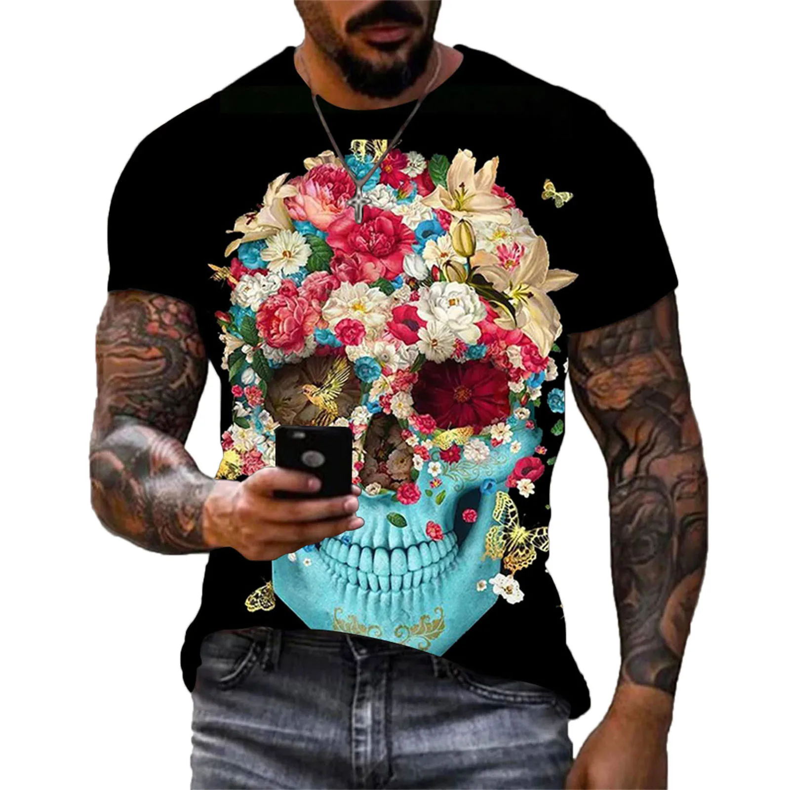 Camiseta con estampado Digital para hombre, camisa de manga corta con estampado de Calavera, Estilo Vintage, y2k, 2024