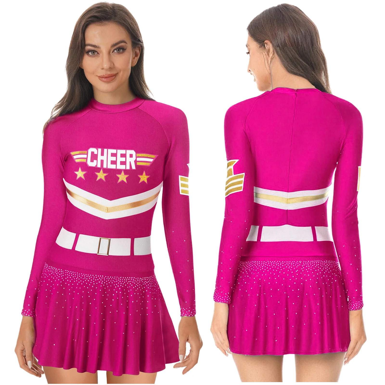 

Women Cheer Dance Cheer-leading Dresses Schoolgirls Dance Uniform Costume Outfit Long Sleeve Dress for Halloween Cosplay Party