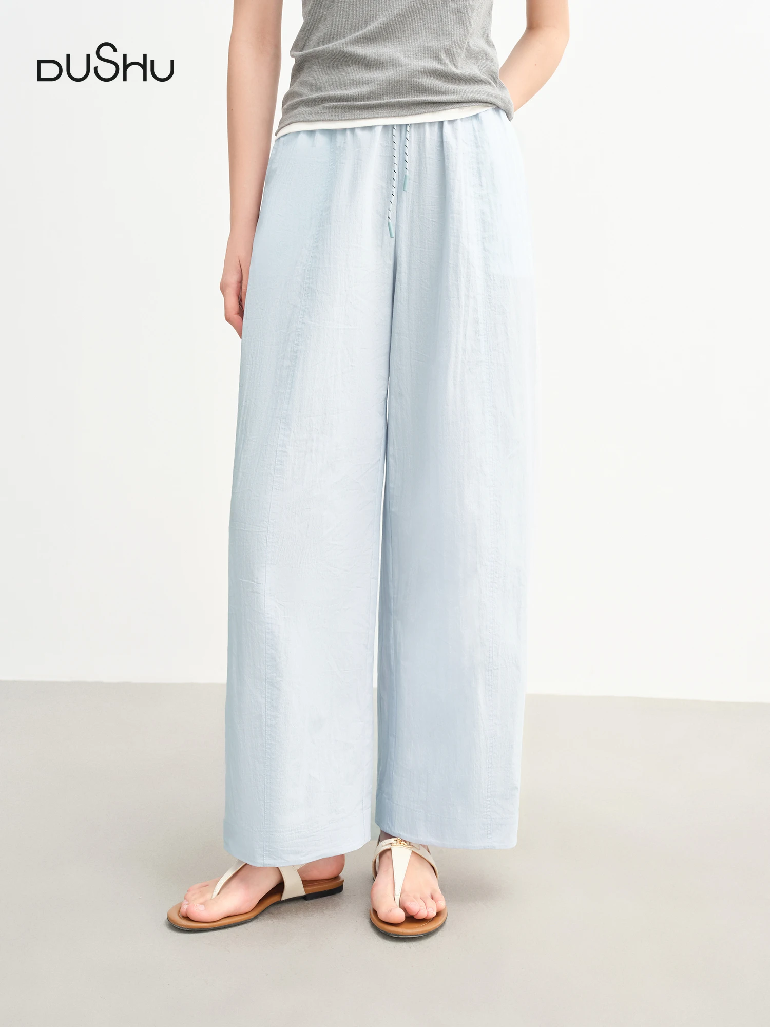 DUSHU Women's Elastic Waist Drawstring Wide Leg Casual Pants 2025 Summer New Arrival High Waist Slim Fit Pants 25DS82762