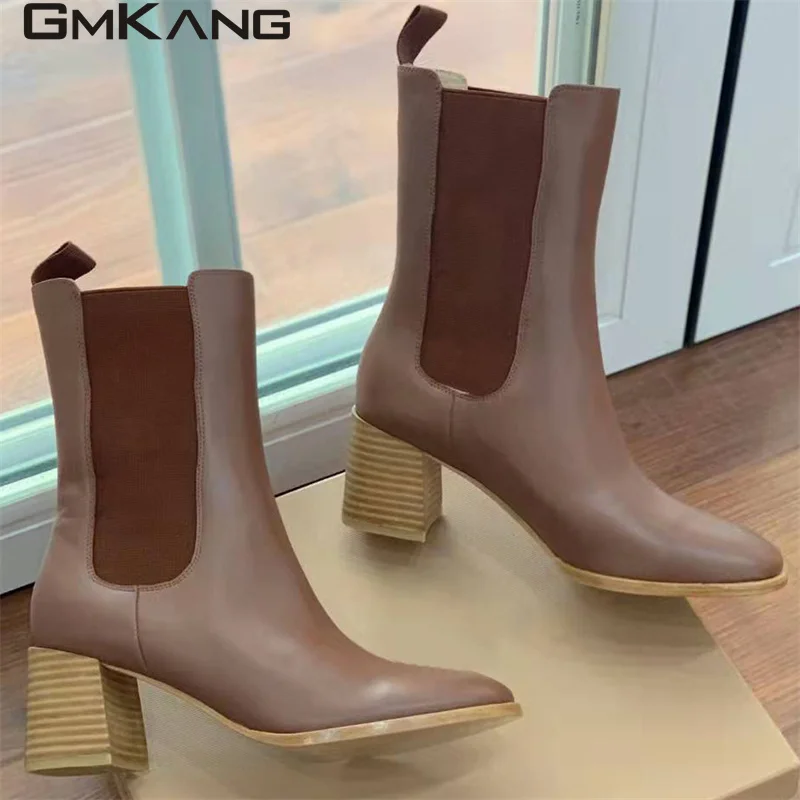 Classic Square Heels Short Boots Woman Genuine Leather Round Toe Mid Calf Boots Lady High Heels Runway Shoes Women Botas