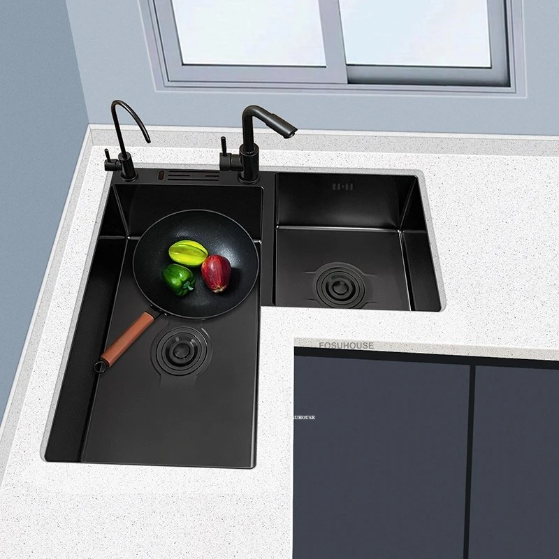 Luxus Kunst Eckküchenspülen Home Küchenzubehör Edelstahl verdicktes handgefertigtes Waschbecken Europäisches Doppelschlitz-Waschbecken