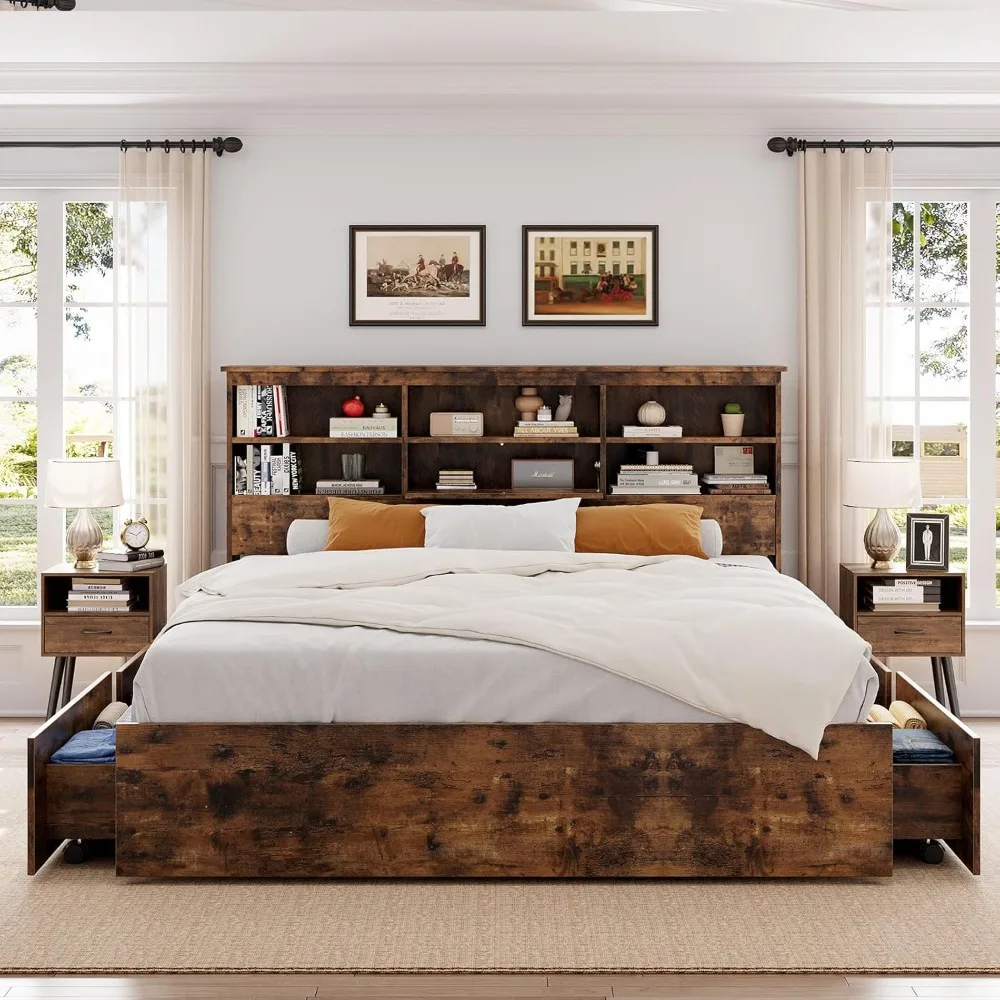 Queen Size Bed Frame with High Storage Bookcase Headboard, Wood Bed Frame with 4 Storage Drawers, No Box Spring Needed