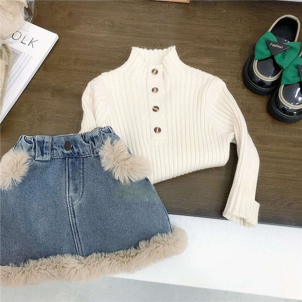 

Осенне-зимняя одежда для девочек, новый джинсовый костюм, юбка, детская утепленная теплая куртка Yanqi, юбка до половины тела, комплект из двух предметов