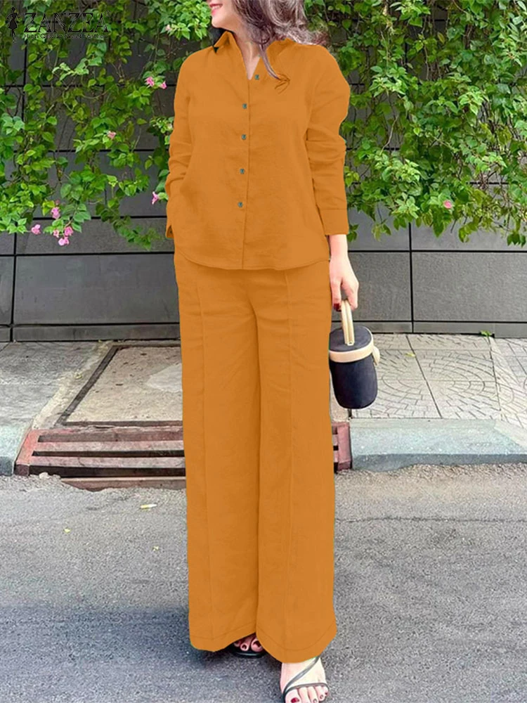 

ZANZEA Весна Осень Повседневные комплекты из 2 предметов Женские рубашки с длинным рукавом и широкие брюки 2 предмета Костюмы Наряд День Одежда Комплекты брюк для поездок на работу