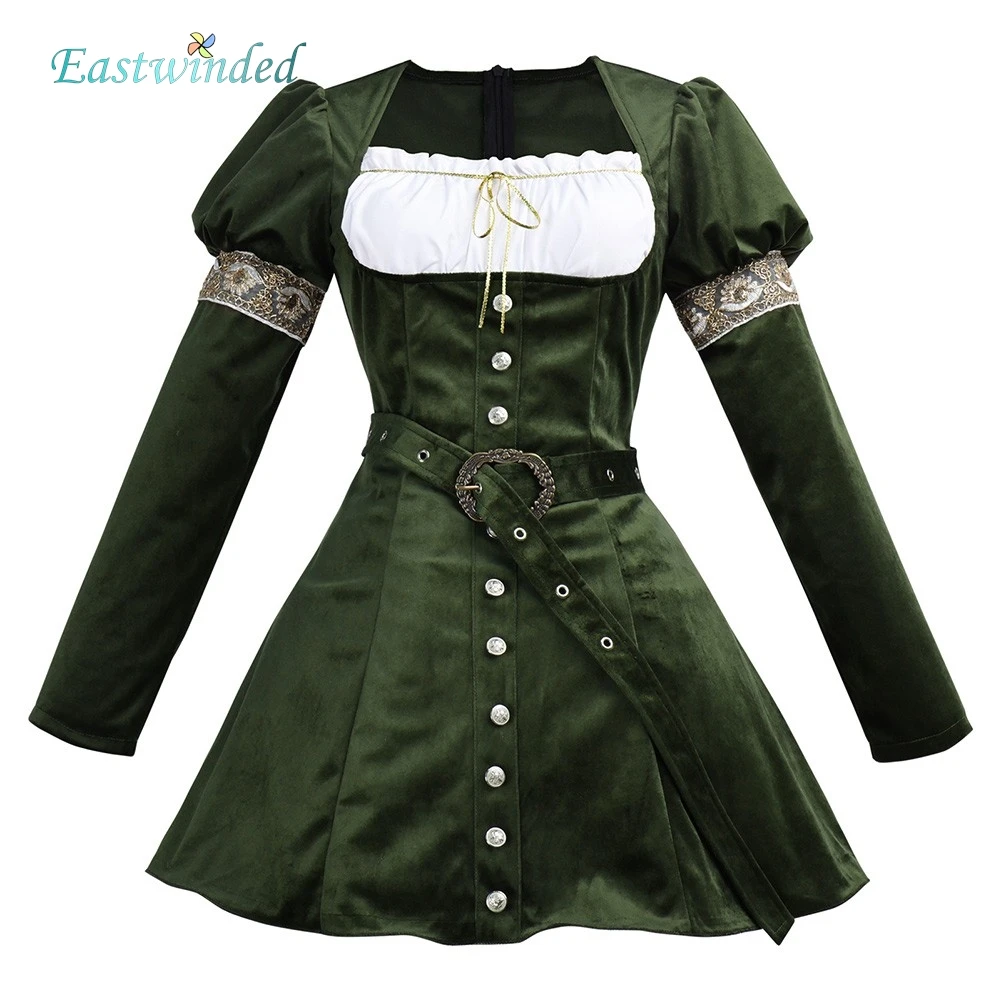 

Medieval Gothic Cosplay Dress Retro Costume Dark Green Skirt Belt Clothes Outfits Adult Women Uniform Halloween Carnival Party