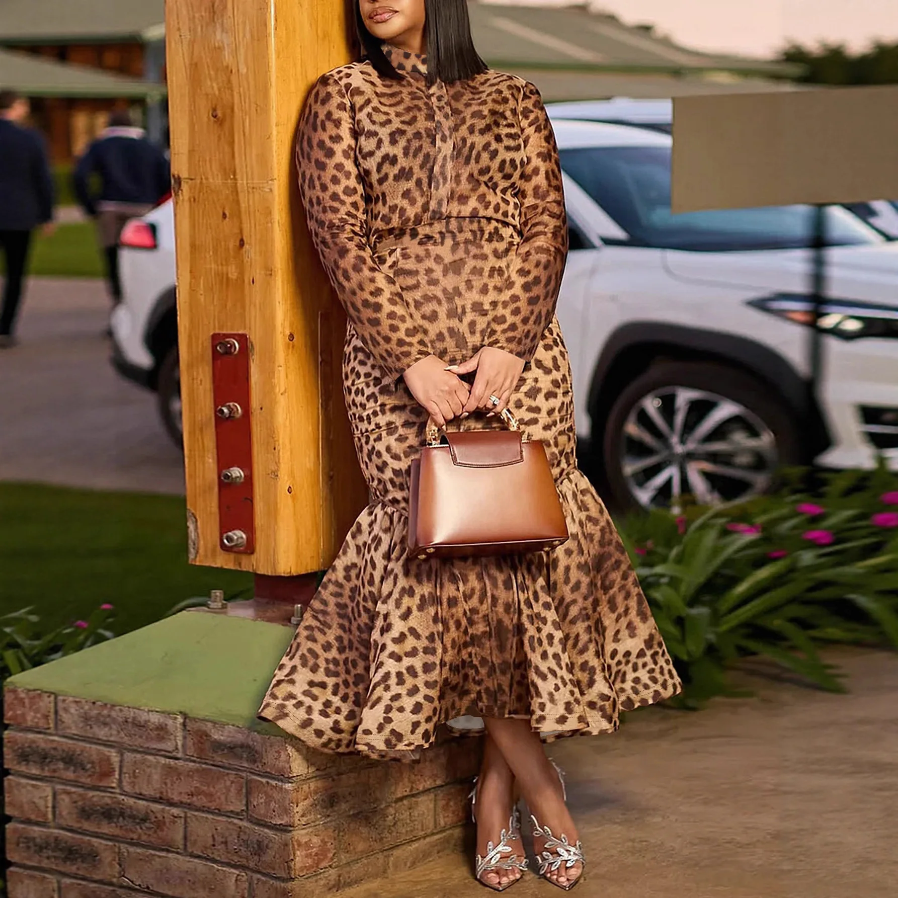 Large Size Leopard Print Long Sleeve Fish Tail Skirt Half Body Skirt Two Piece Set Casual Outfit For Plus Size Women