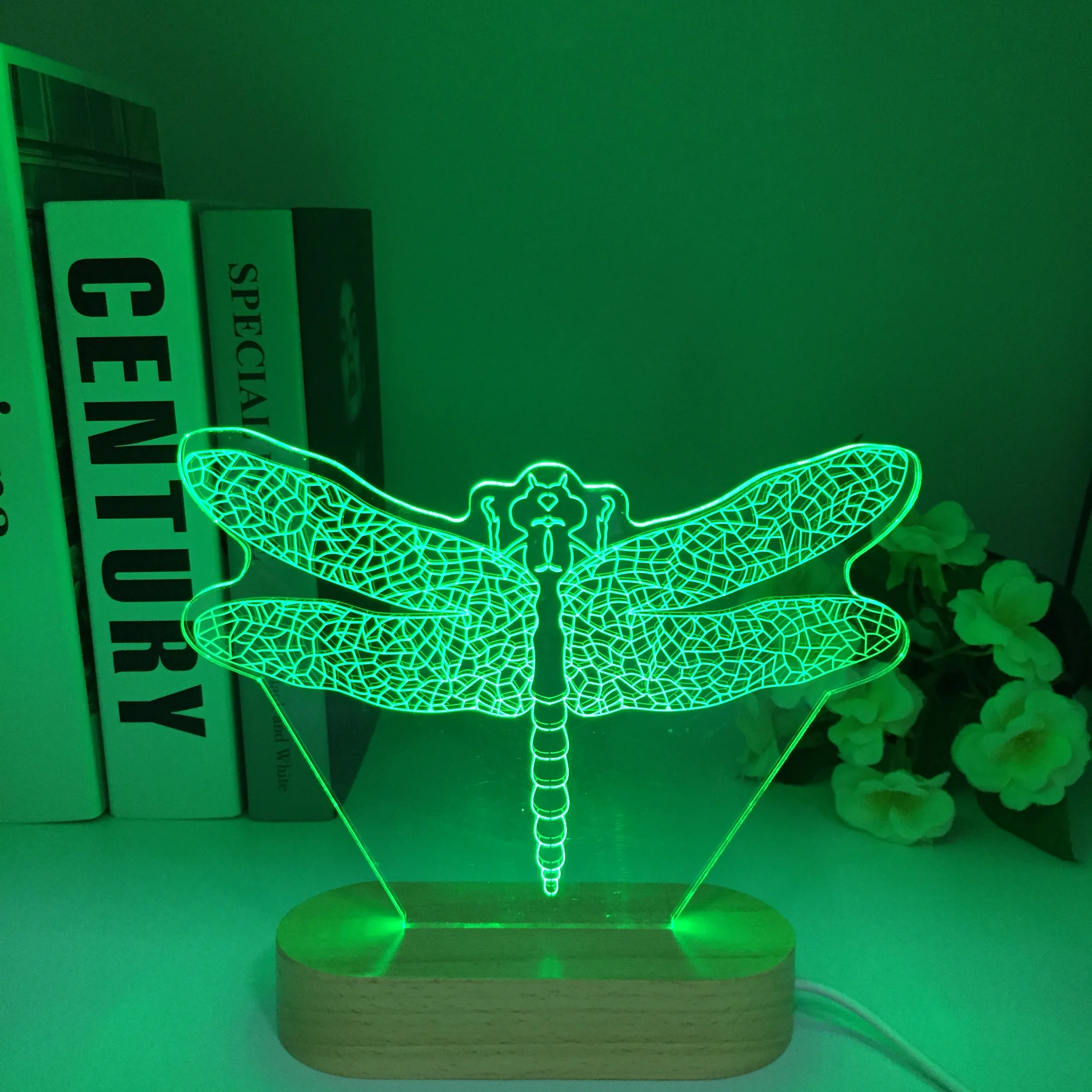 Acrylic Table Lamp 3D Illusion Dragonfly For Home Room Decor Colorful LED Changing Lights Kid Child Wooden Gift Night Light