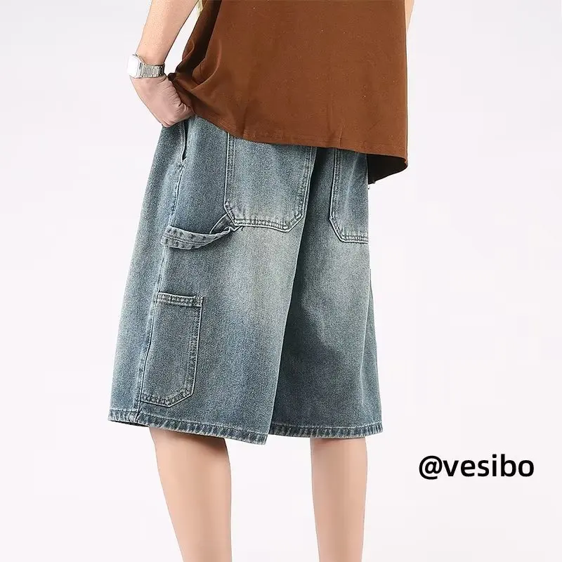 Men's Denim Shorts, Summer High Street New Casual Trendy Five-point Pants, Loose Plus-size Wide-leg Pants