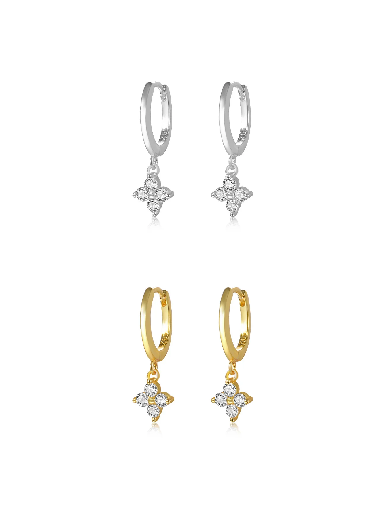 

A pair of 925 sterling silver four-leaf clover with sparkling zirconia double-ring pendant earrings.