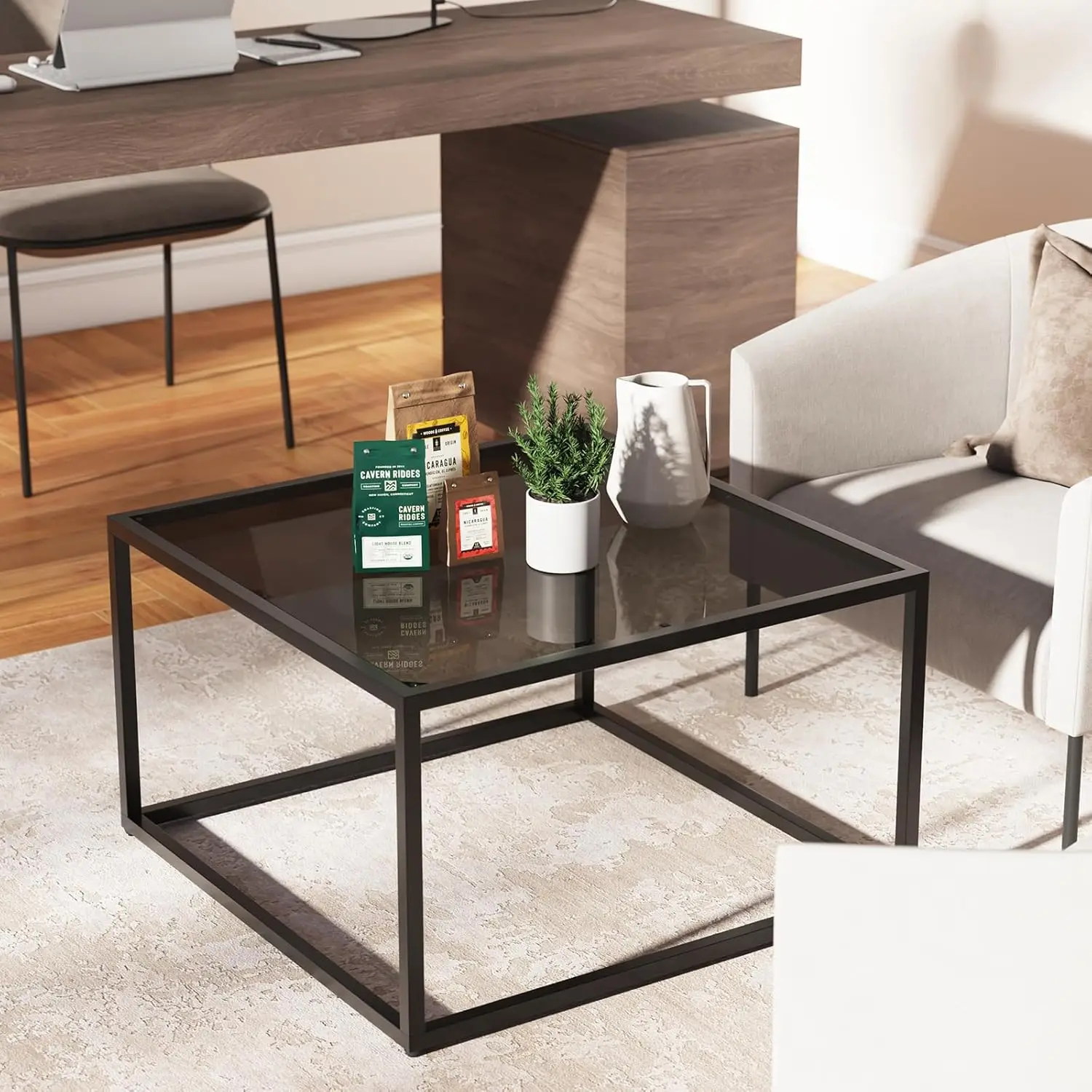 Coffee Table, Tempered Glass Square Coffee Tables with Metal Frame