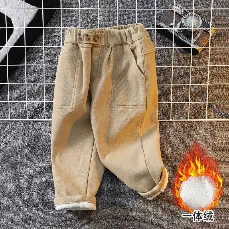 

Autumn and Winter Baby Boys' Thick Casual Pants New Children's One piece Velvet Elastic Plush Pants Trousers