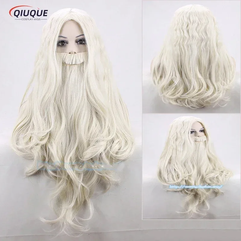 Anime Dumbledore Cosplay Wig Halloween Mens Gandalf Long Blond With Beard Heat Resistant Synthetic Hair Party Wigs   Wig Cap