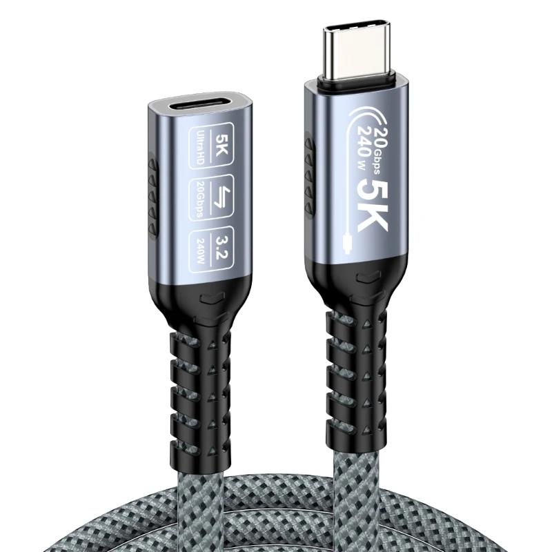 Q6PA 20 Gbps Type C Data Extension Cable with 240W Power Delivery, 5K@60 Hz Video, Nylon Outer Covering, and Support