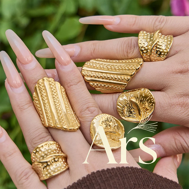 Ars Stainless Steel Hammered Ring 18k Gold Plated Wide Band Rings Irregular Chunky Ring Hyperbole Stacking Rings Gift for Her