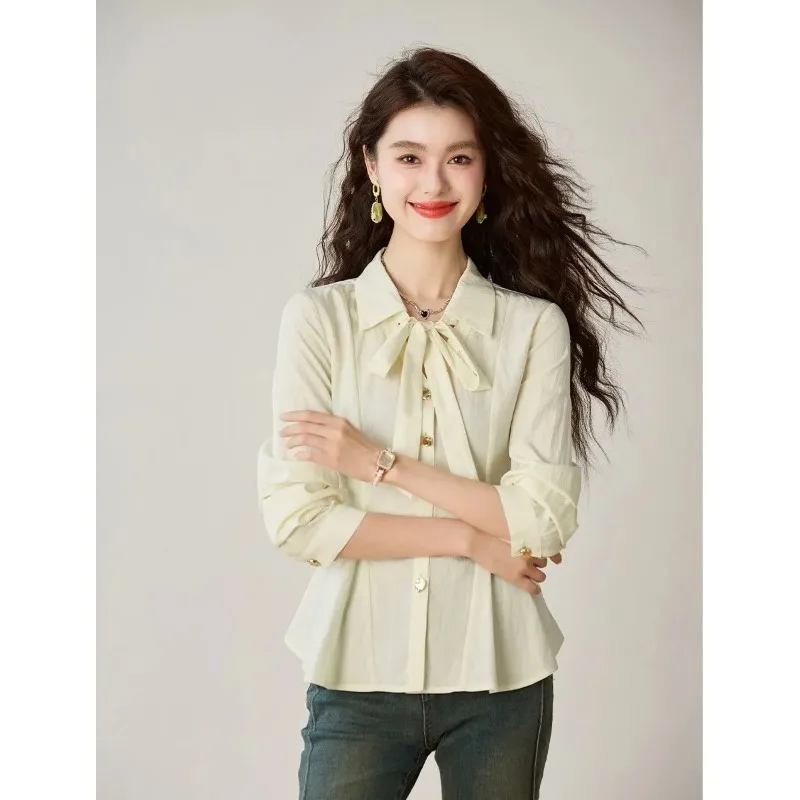 

Women French Bow Tie Collar Waist Cinched Long Sleeve Blouse Elegant Slim Fit Casual Shirt