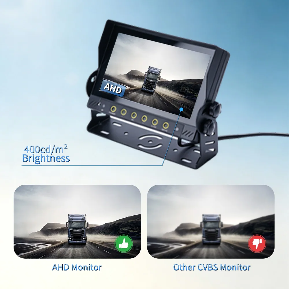 IP67 Waterproof 7 Inch Button Screen With Reversing Line Support 2CH AHD Camera Input For 12-24V Truck/Trailer/RV