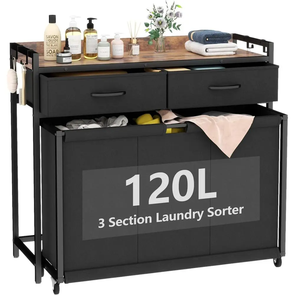 Laundry Hamper Laundry Basket with 3 Section Pull-Out Rolling Bags, Laundry Sorter or Organization and Storage with 2 Pull-Out D