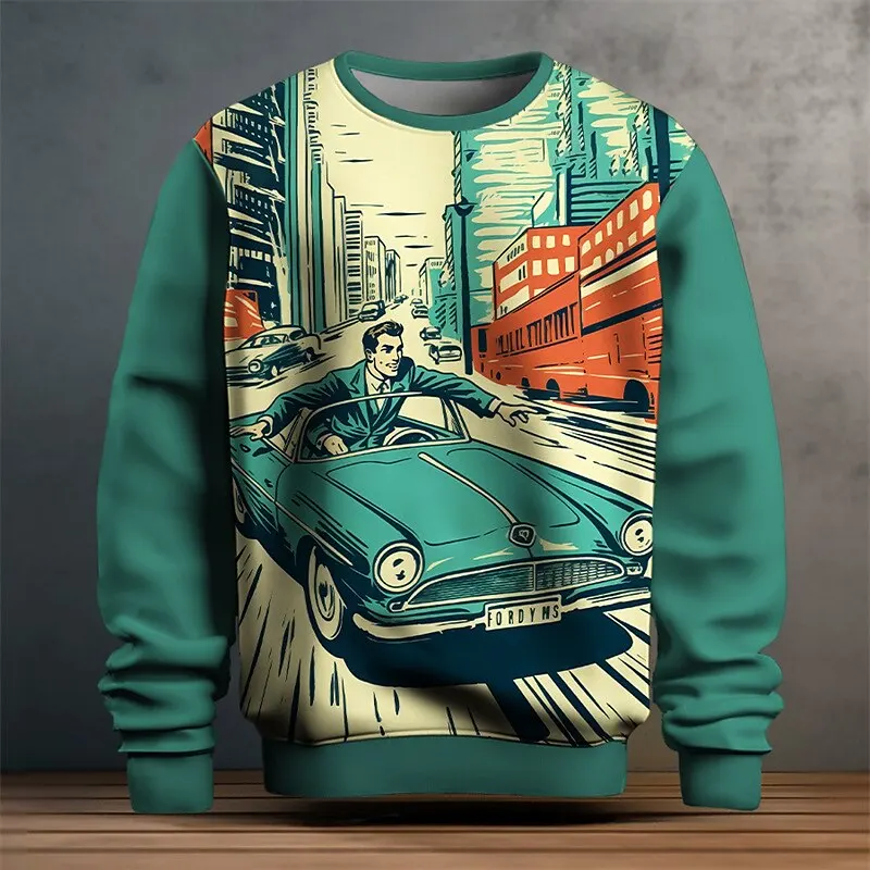 

3D Printed Vintage Car Graphic Men's Sweatshirt Autumn Patchwork Color Long Sleeve O-Neck Pullover Loose Comfortable Casual Tops