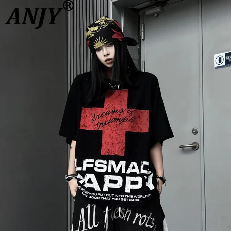 ANJY 2026 Summer New Women Trend American Style Dark Print Short Sleeve T-shirt Loose Casual Waffle Streetwear Letter Top A21210