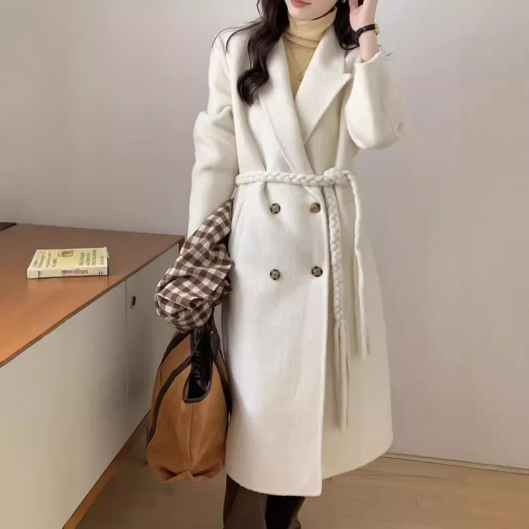 New high-end woven belt design suit double-sided wool coat woolen jacket medium and long temperament women's coat Free delivery