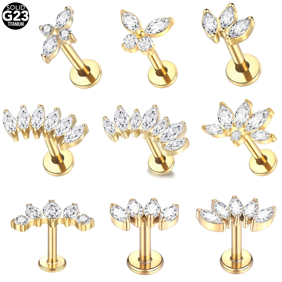 1Pc G23 Titanium Ear Cartilage Stud Earrings for Women Internal Thread Zircon Flower Ear Lobe Tragus Helix Lip Rings Jewelry 16G