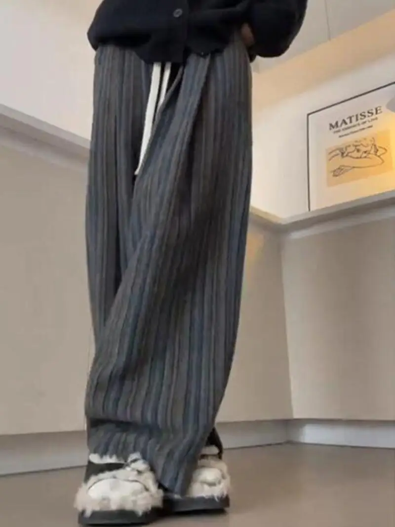 

Женские брюки, дышащие винтажные мягкие джинсовые брюки зима-осень, флисовые толстые свободные прямые повседневные широкие длинные брюки в полоску в стиле ретро