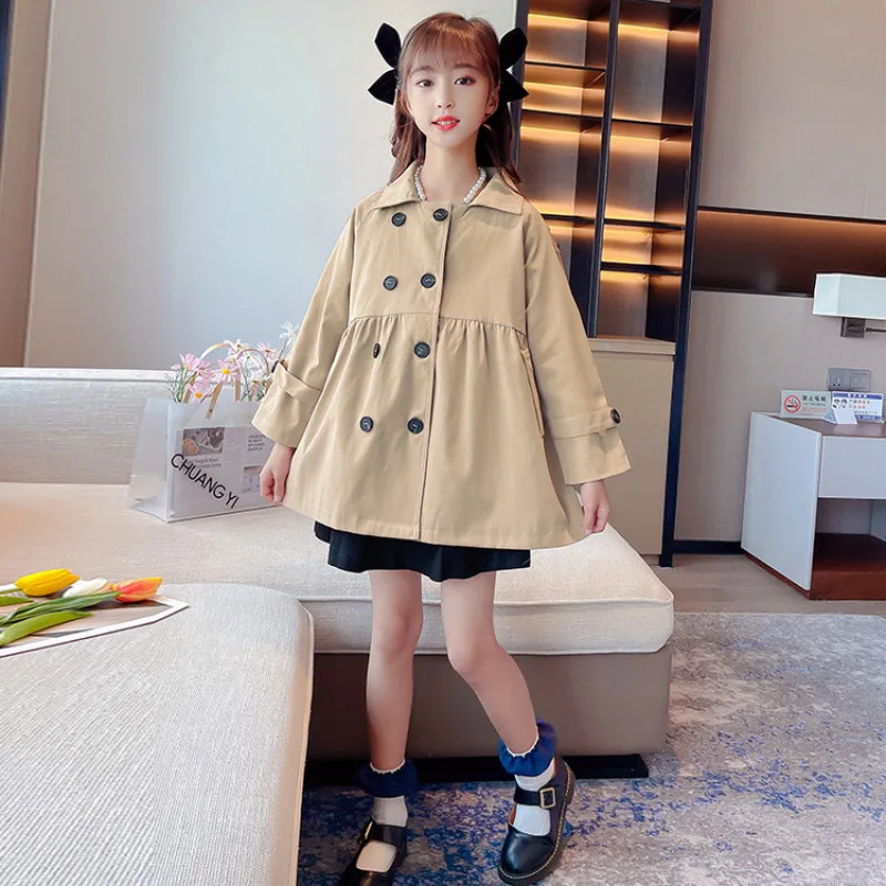 ملابس خارجية للفتيات للربيع والخريف النسخة الكورية سترة واقية كاكي مزدوجة الصدر مع مزاج عصري وأنيق #1