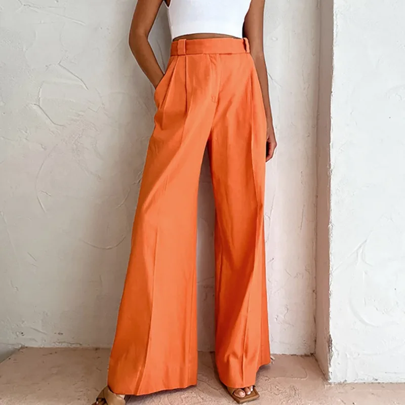 

Street Style New Fashion Women's Orange Wide Leg Pants Personality Trendsetters Cotton & Linen Women High Waist Casual Trousers