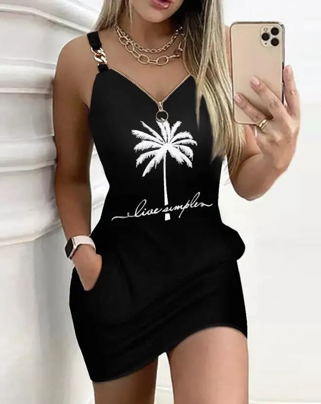 Women\'s Dresses 2023 Summer Fashion Coconut Tree Print Chain Decor Casual V-Neck Sleeveless Daily Vacation Mini Straight Dress