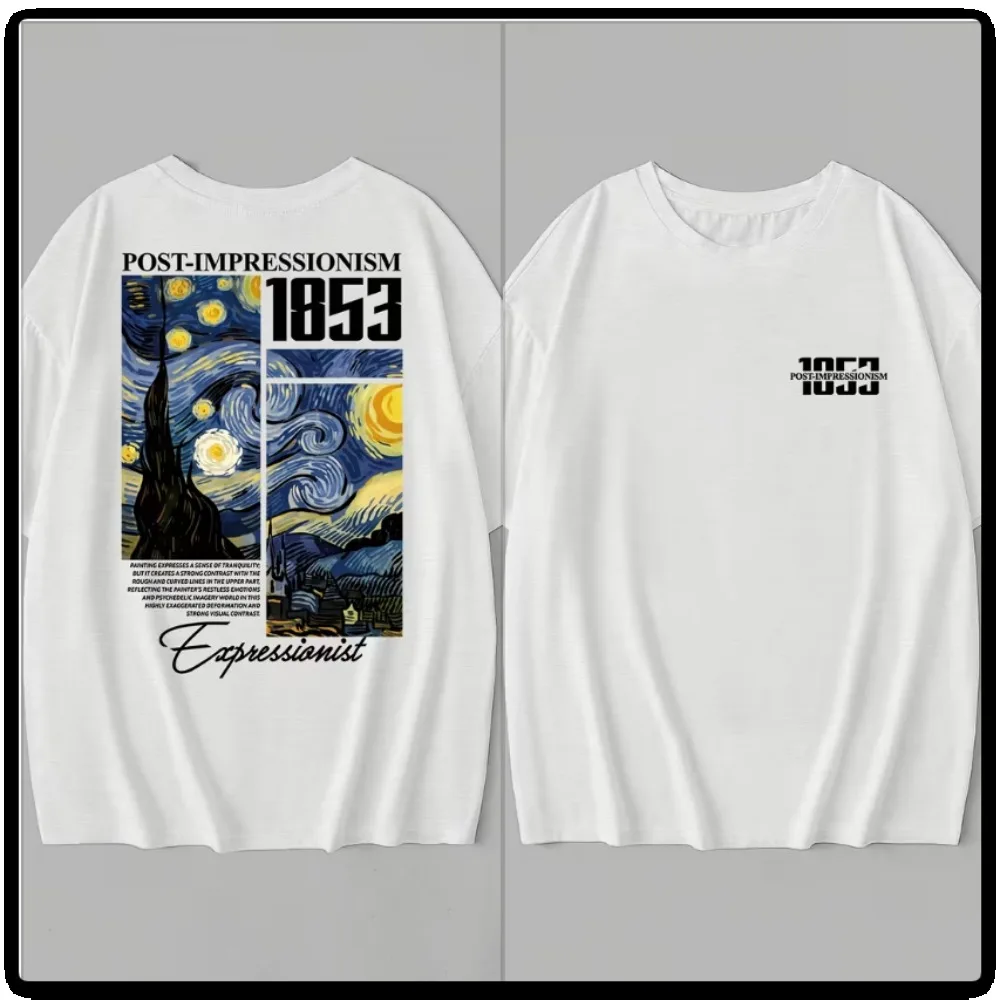 Women's Van Gogh Starry Night Print T-Shirt - Black Art-Inspired Casual Top Front & Back Design Ladies T Shirts Everyday Comfort