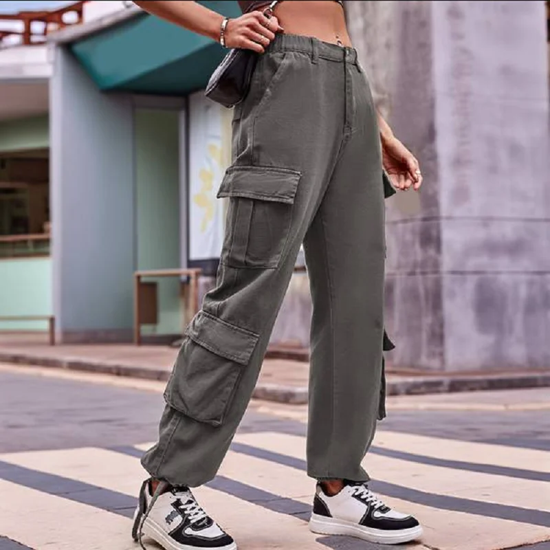 Ladies' Autumn Washed Jeans European And American Fashion Cargo Pants High-Waisted Multi-Pocket Female Casual Long Pants Y2K