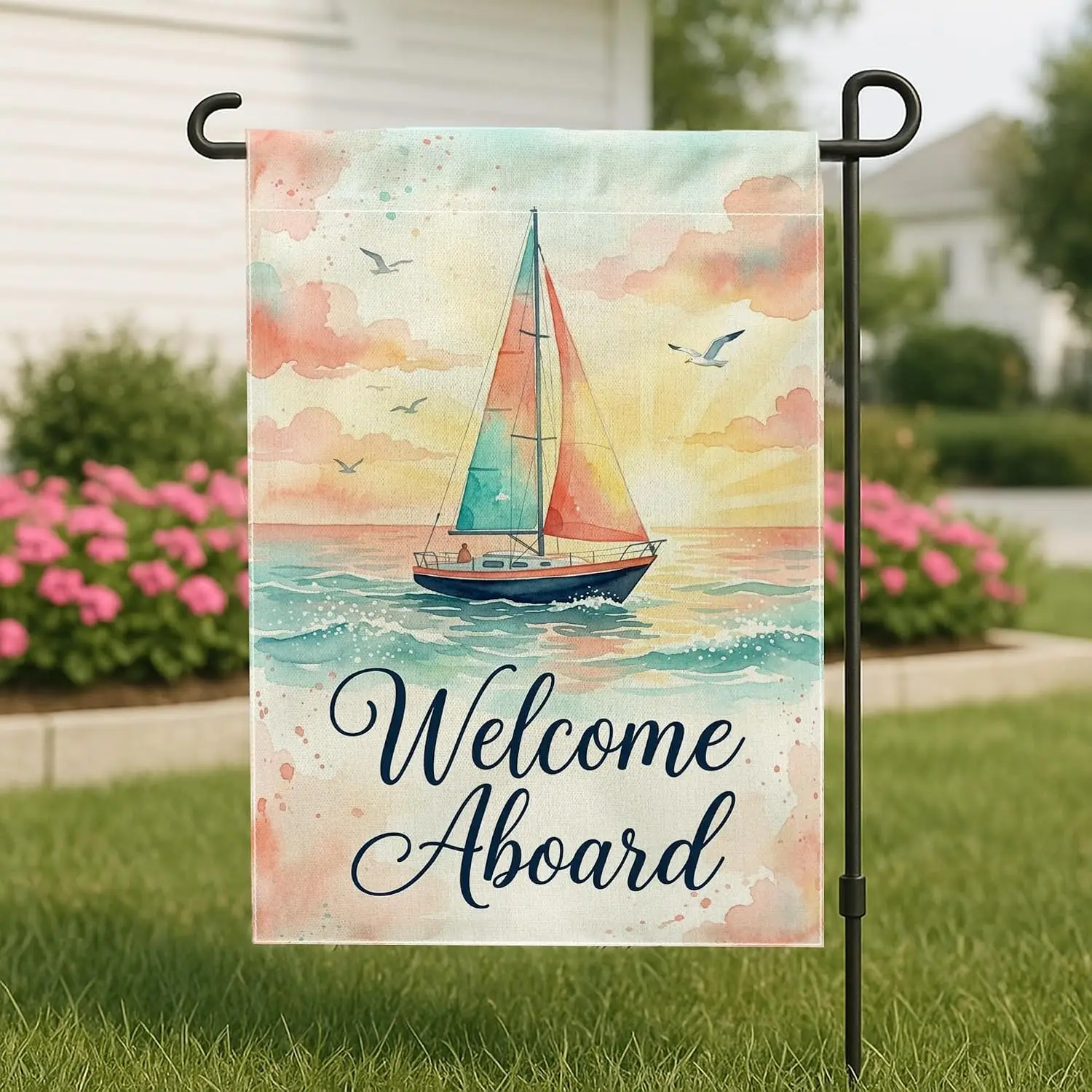Sailboat Garden Flag, Nautical Watercolor Ocean Sunset Summer Blue Burlap Double Sided Decorative Outside Flags for Outdoor  yyi