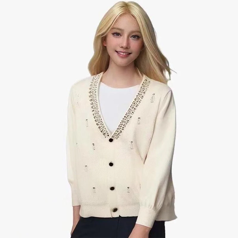 Autumn Winter Women Cardigan Sweater Coats Fashion Female Long Sleeve V-neck Loose Beaded Knitted Jackets Casual Cardigans