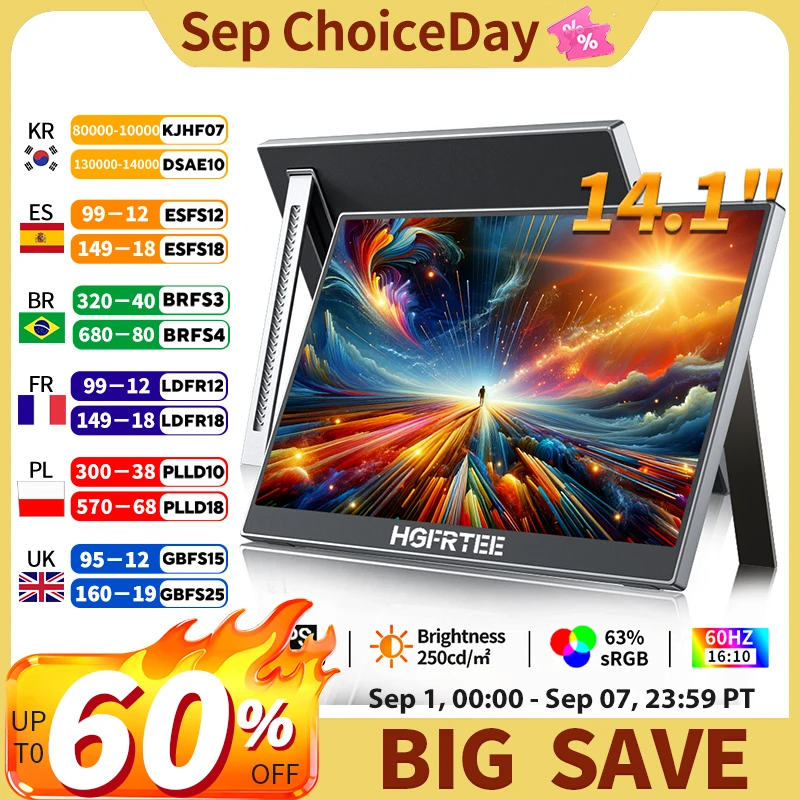 HGFRTEE 14.1 Inch Portable Monitor 1200P 16:10 Aspect Ratio 63%sRGB Second Screen for Laptop Gaming Compatible with Switch PS4/5