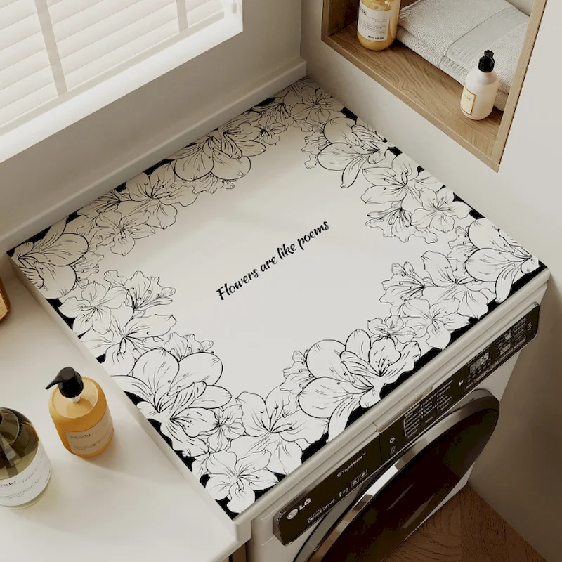 VIKAMA Flowers Poems Mat, Black White Sketch Floral Washing Machine Laundry Room Cover,Bohemian Home Decoration