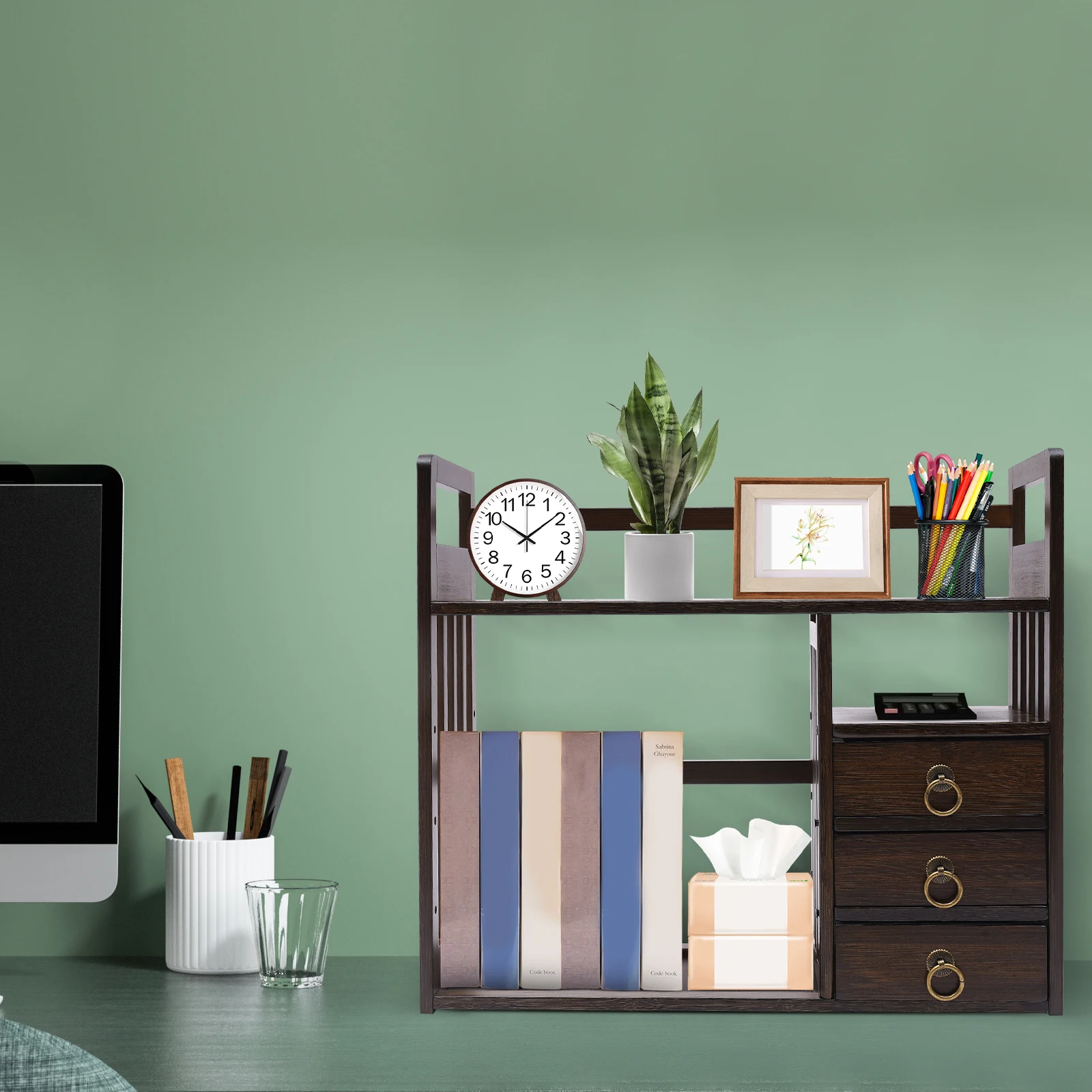 منظم رف الكتب المكتبي مع 3 أدراج، منظم ملفات المكتب، رف عرض، رف الكتب، منظمة تخزين الطاولة #6