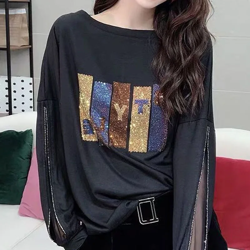 Fashion Korean Diamonds Solid Color T-shirt for Female Spring Summer Casual Mesh Spliced Loose Long Sleeve Tops Women's Clothing