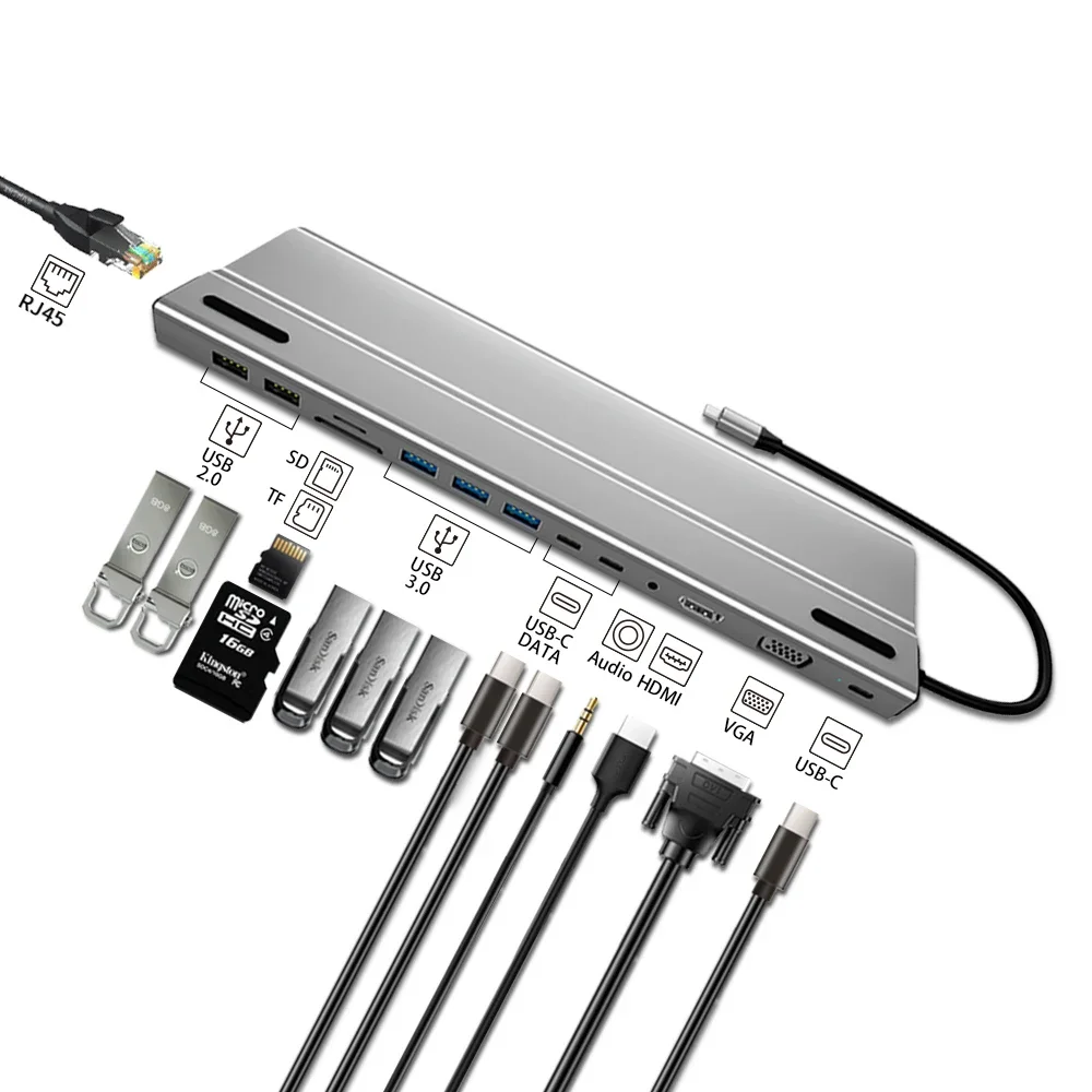 

концентратор USB-концентратор Док-станция 14 в 1 Type-C к USB3.0*3 USB2.0*2 PD SD TF HD-MI VGA RJ45 АУДИО3,5 typec*2 Адаптер