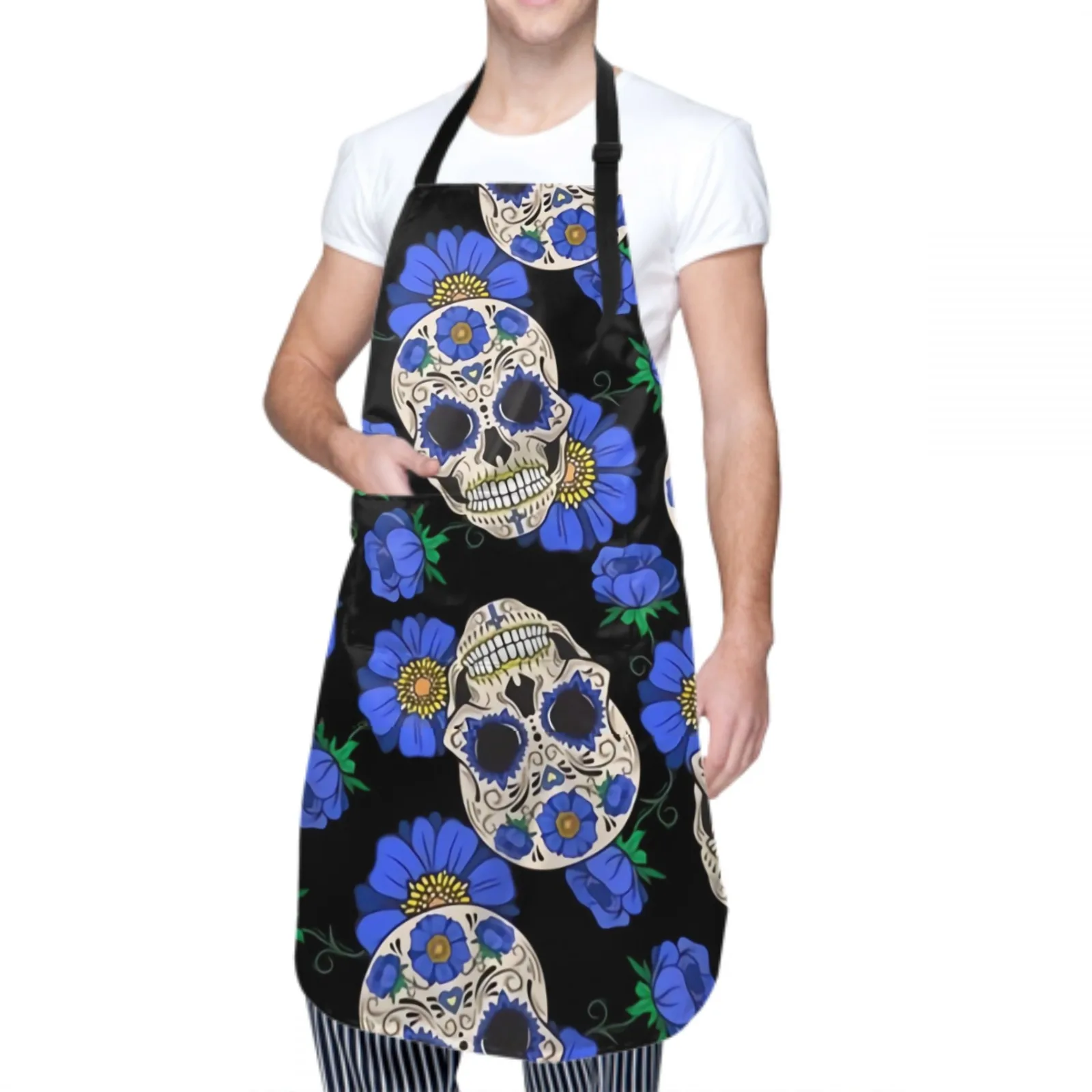 White Skull Waterproof Apron with 2 Pockets Kitchen Chef Apron Skull Apron for Hair Brushing Cooking Baking Painting Gardening